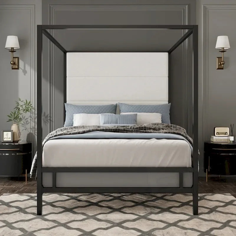 Metal 4-Poster Bed Frame Modern Canopy Upholstered Bed with Tall Upholstered Headboard