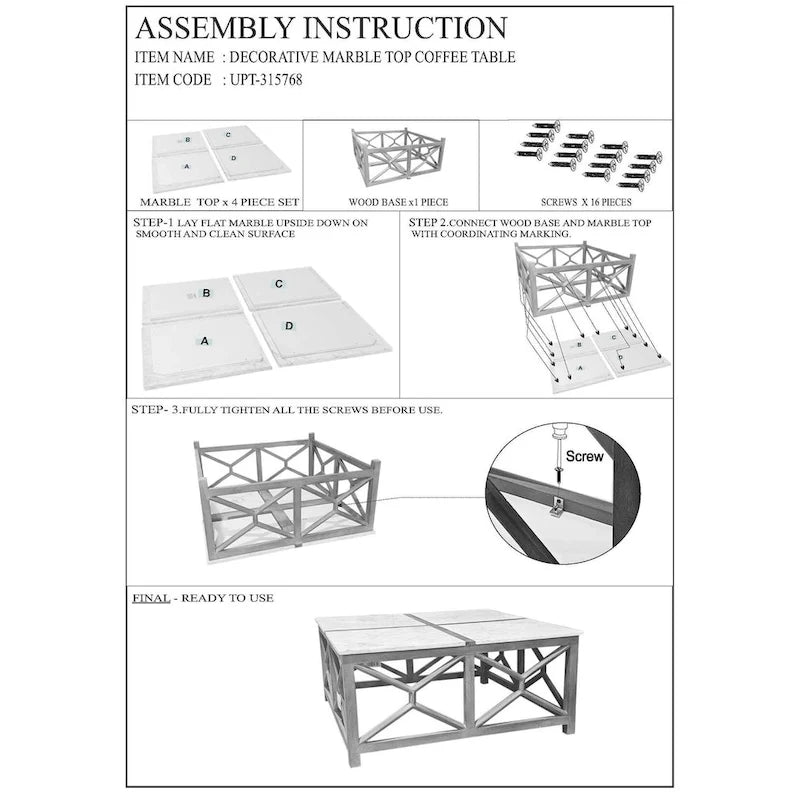 Agas Coffee Table, 40 Inch Square White Genuine Marble Top, Sandblasted Washed Ash Gray Mango Wood Geometric Frame