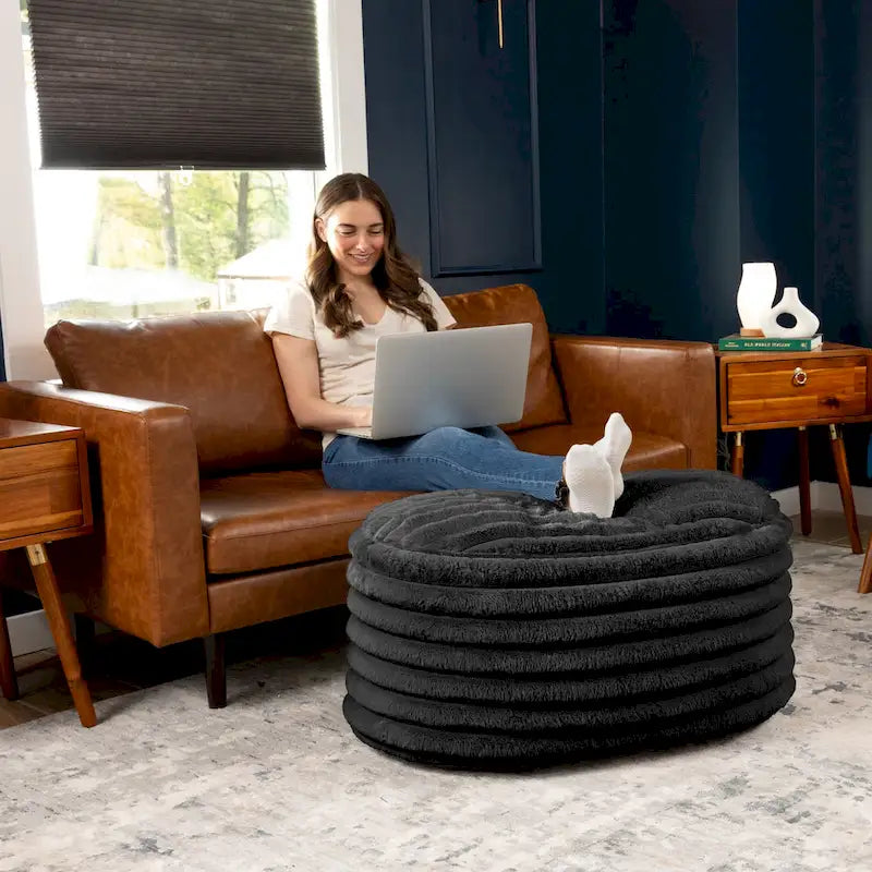 Large Ribbed Faux Fur Plush Pouf Ottoman - 35 - Black