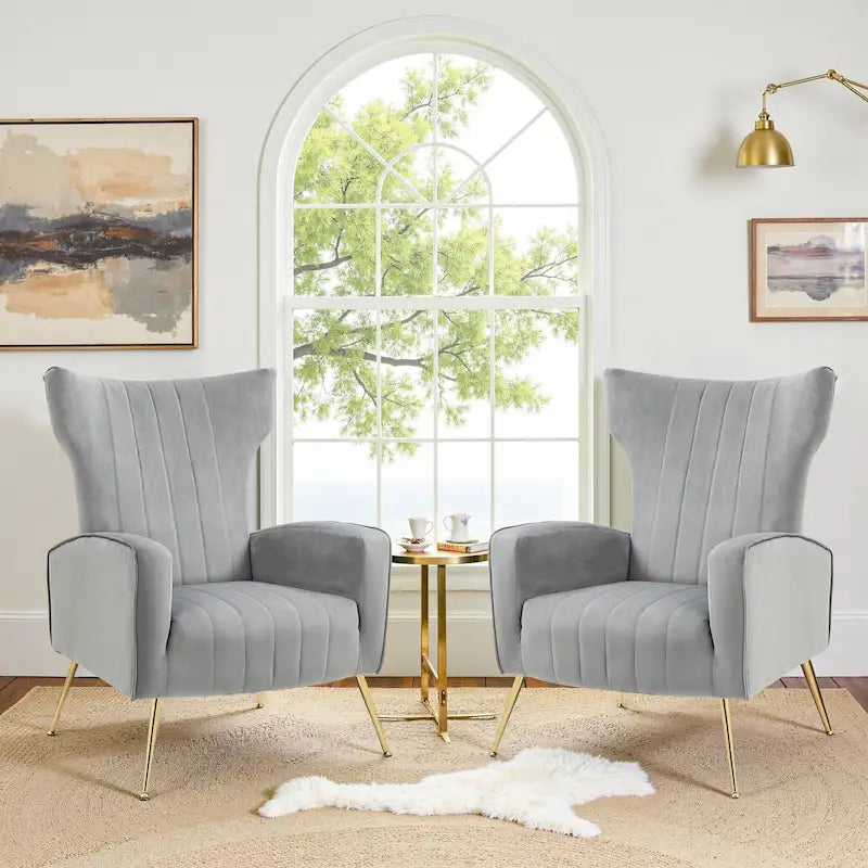 2 Set Velvet Wingback Accent Chairs with Metal Legs for Living Room