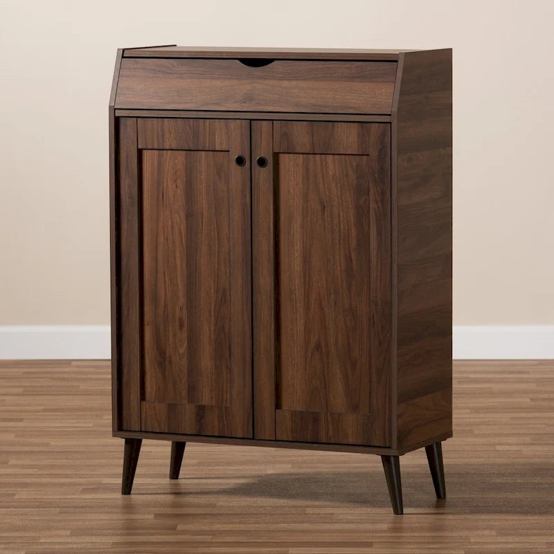 Mid-Century Walnut Brown 2-Door Shoe Storage Cabinet