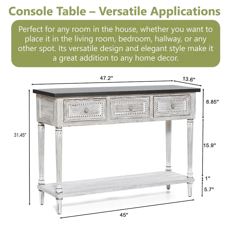 Farmhouse Distressed Wood and Metal 3-Drawer Console Table