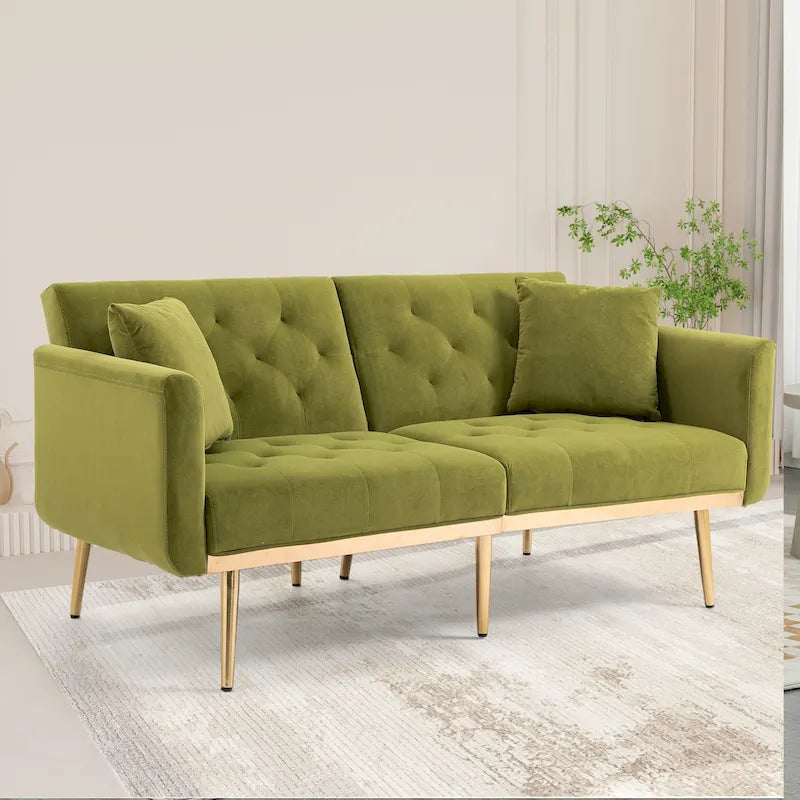 Velvet Upholstered Minimalist Tufted Metal Foot Double Seat Sofa Bed for Living Room