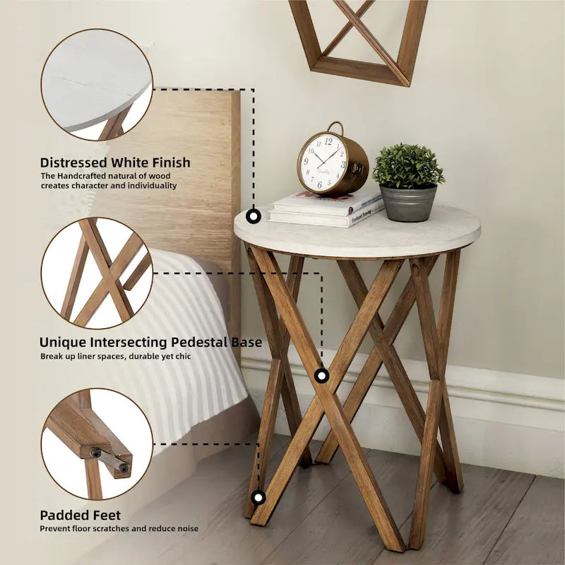 COZAYH Pedestal Farmhouse End Table Set of 2, Distressed White Top with Base for Modern Farmhouse, Boho Decor, Round