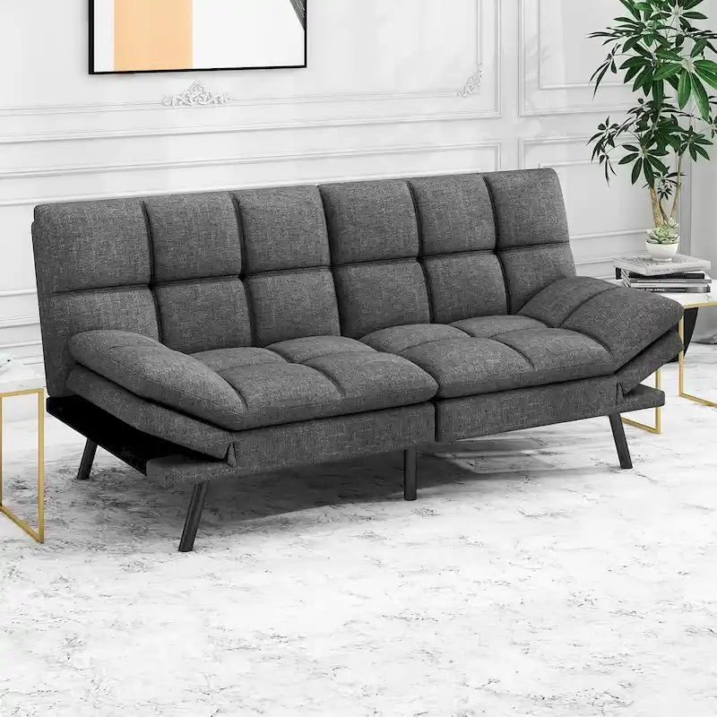 Futon Sofa Bed, Modern Convertible Sleeper Couch with Adjustable Armrests for Studio, Office, Apartment, Compact Living Room