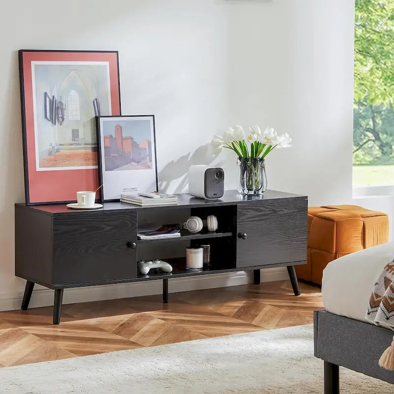 TV Stand for 55 60 inch TV, Entertainment Center with Storage Cabinet, Mid Century Modern Media Console Table, Adjustable Hinge