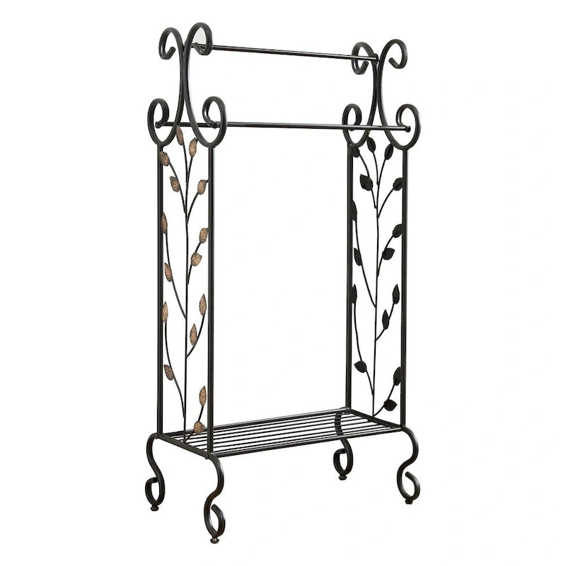 Black Metal with Gold Leaf Free Towel Rack Stand with Shelf