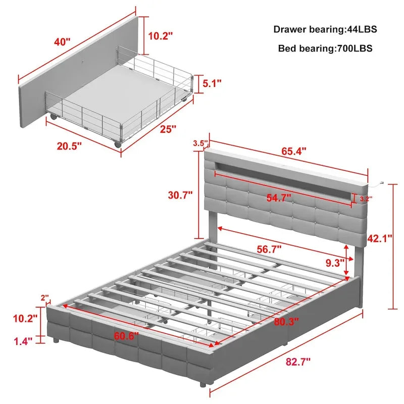Queen Bed Frame with Storage Drawers Adjustable Headboard Lights LED