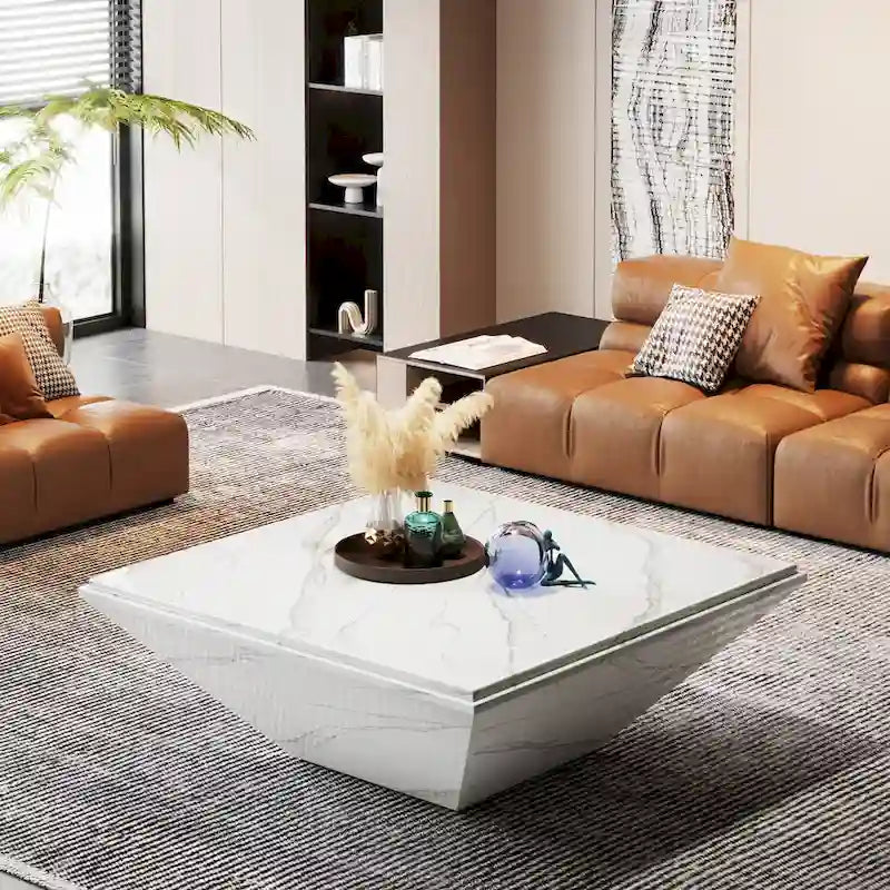 35.43-Inch Square Coffee Table for Living Room, White Modern Center Table with Faux Marble Top