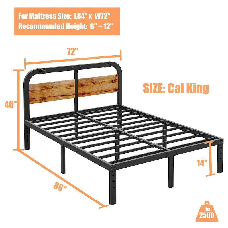 Bed Frame 14 Inch Rustic Wood Headboard, Heavy Duty Steel Slats Support, No Box Spring Needed