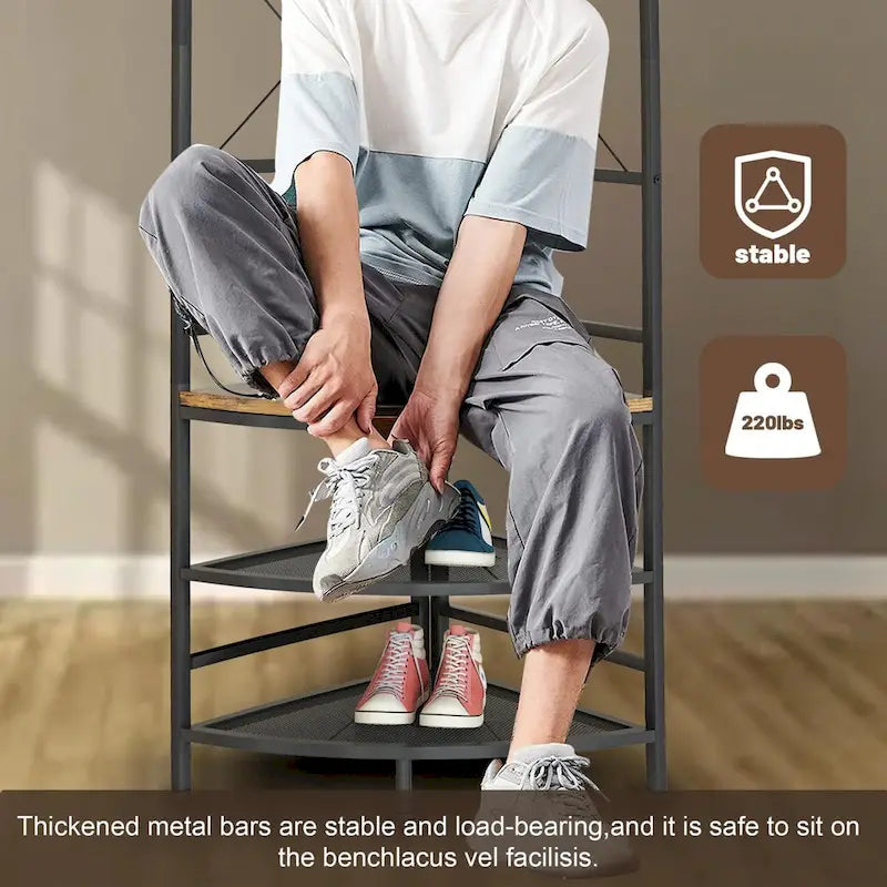 Corner Hall Tree with Shoe Storage,Entryway Coat Rack with 6 Double Hooks, Organizer Shoe Shelf for Entryway, Hallway, Bedroom