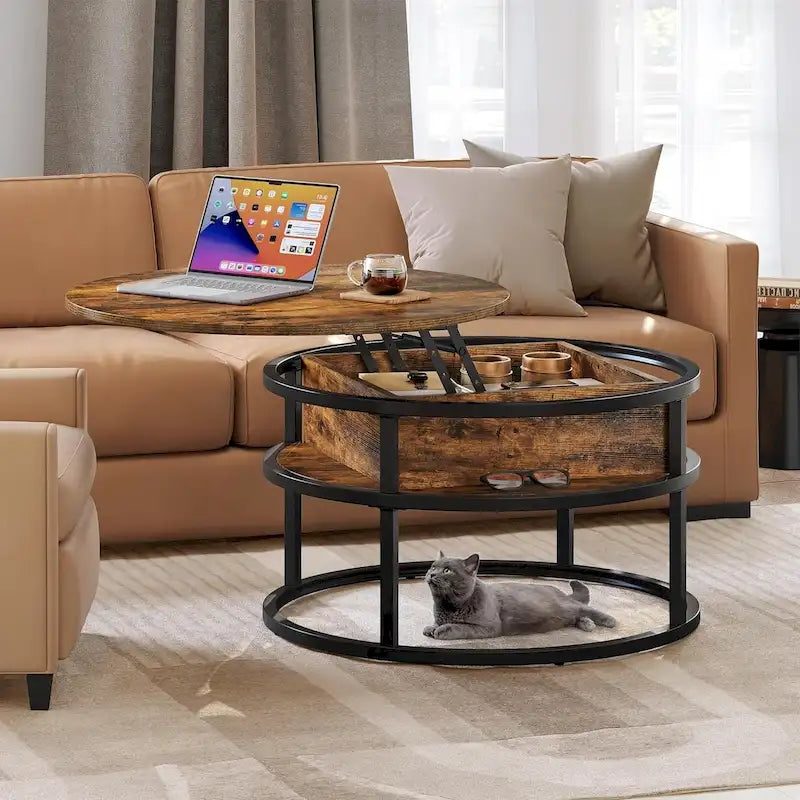 Moasis Farmhouse Lift Top Round Coffee Table with Hidden Storage and Shelf