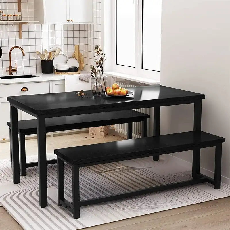 Charming Simple Style Dining Table Set with a Table and two Benches, with Foot Pad, for Kitchen, Dining Room