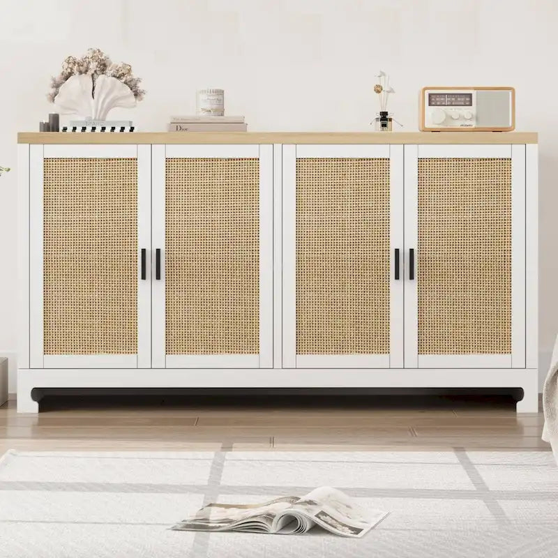 Rattan Buffet Storage Cabinet with 4 Doors and Shelf - N/A