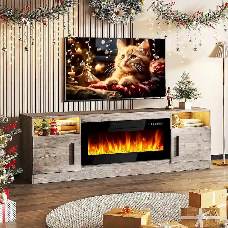Bossin 70 Fireplace TV Stand with 36 Electric Fireplace, TV Stand for TVs Up to 80, 16 Colors LED Lights/Entertainment Center