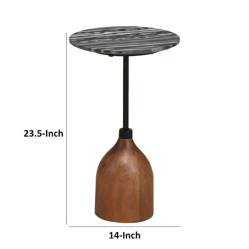 Side End Drink Table, Round Gray White Marble Top, Pedestal Base 14x14x24