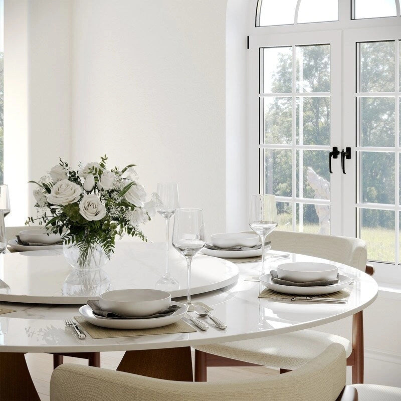 Modern Round Dining Table for DiningroomWhite Glossy Stone Tabletop,Bronze Carbon Pedestal