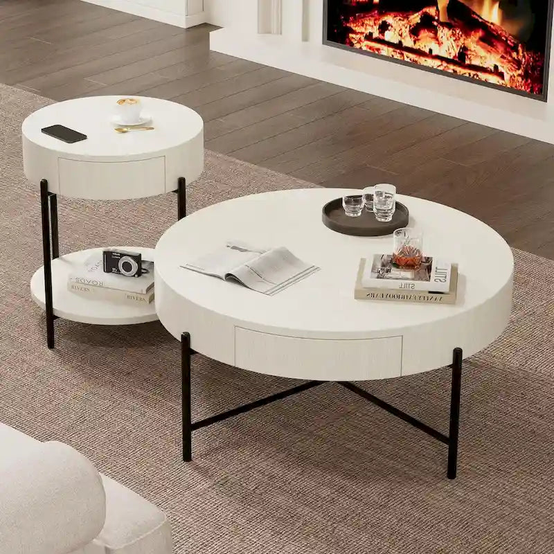 Round Coffee Table with with Two Drawers - Natural