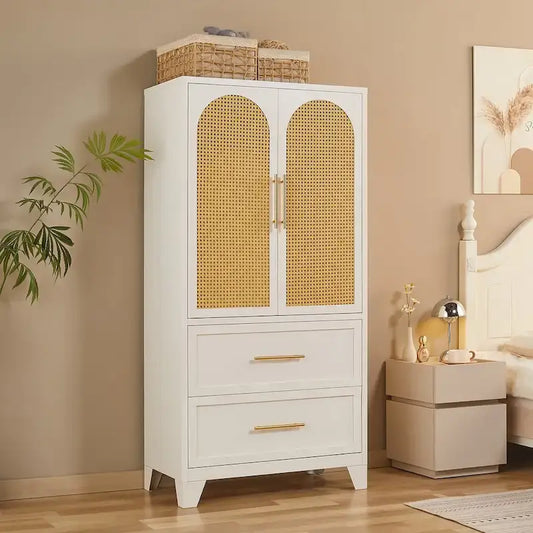 Rattan Armoire Wardrobe Closet Cabinet with Drawer & Hanging Rod - 65H x 31.5W x 17.7D