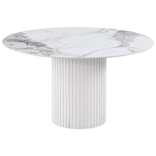 Cade Round Dining Table with Reeded Base, White Sintered Stone 53 Inch