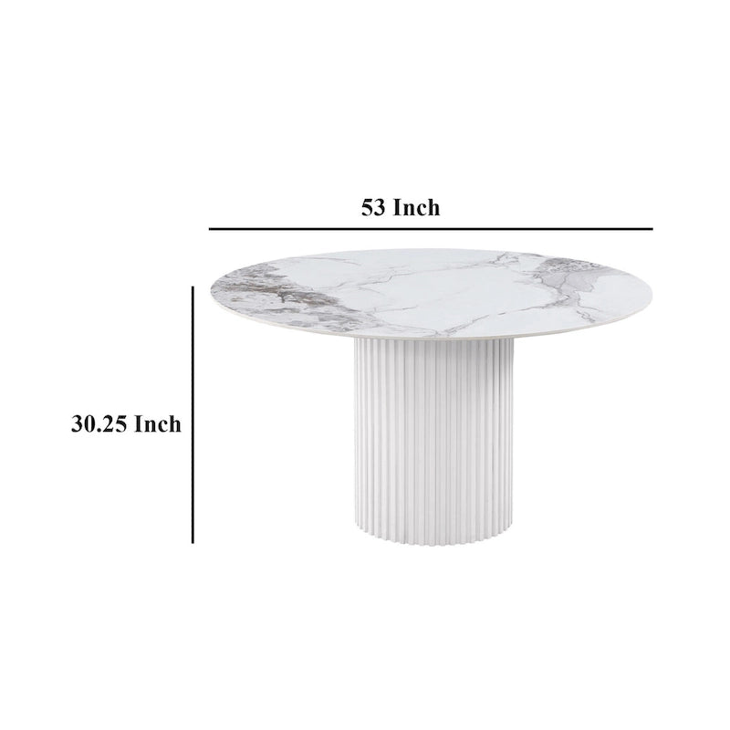 Cade Round Dining Table with Reeded Base, White Sintered Stone 53 Inch