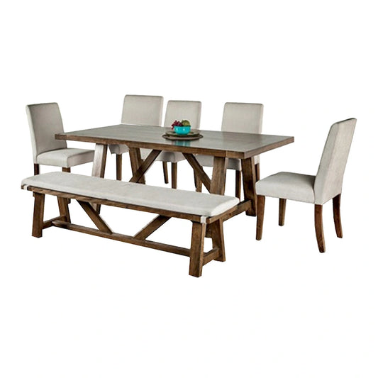 Jule 7pc Dining Set, Brown Rectangular Table, Chairs, Bench w White Seat