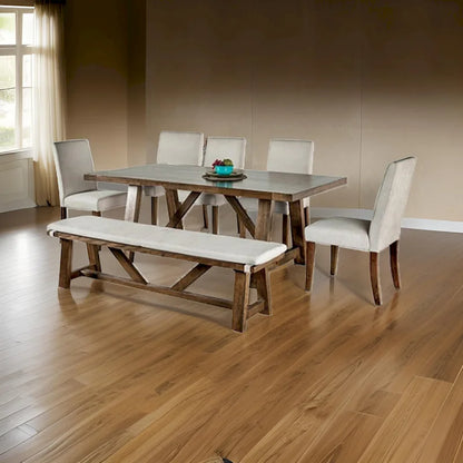 Jule 7pc Dining Set, Brown Rectangular Table, Chairs, Bench w White Seat