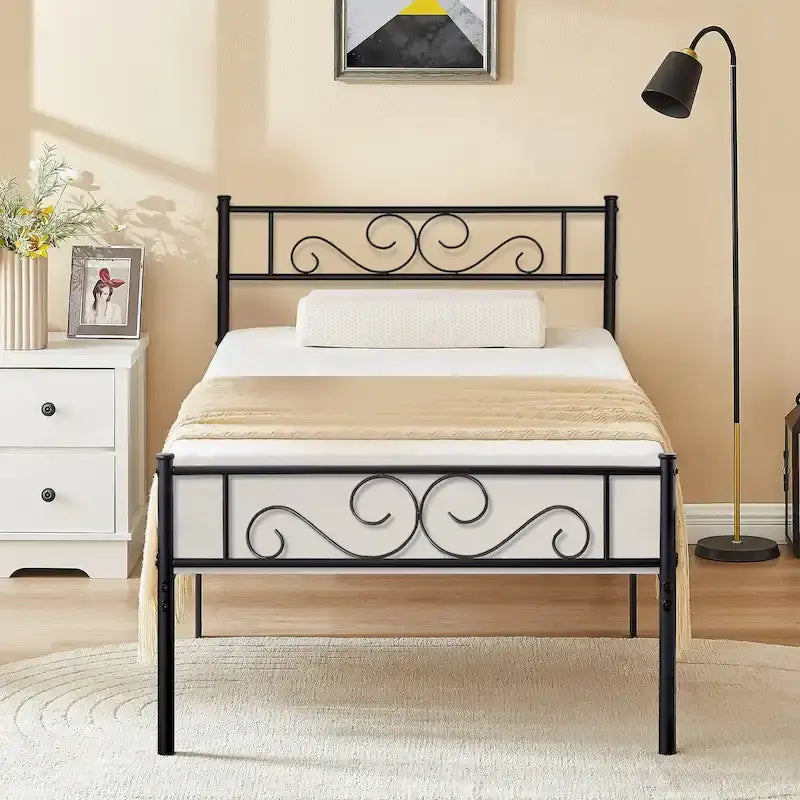 Modern Platform Bed Frame with Premium Graceful Scroll Headboard Twin/Full/Queen