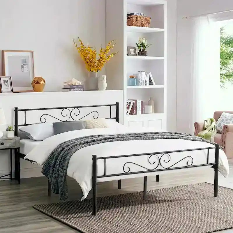 Modern Platform Bed Frame with Premium Graceful Scroll Headboard Twin/Full/Queen