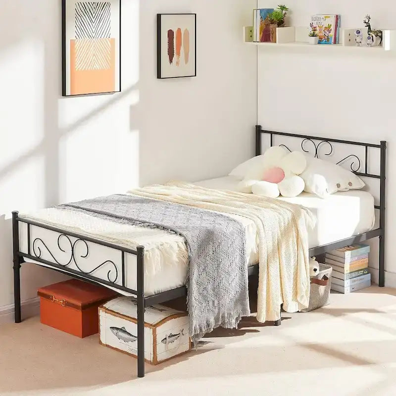 Modern Platform Bed Frame with Premium Graceful Scroll Headboard Twin/Full/Queen
