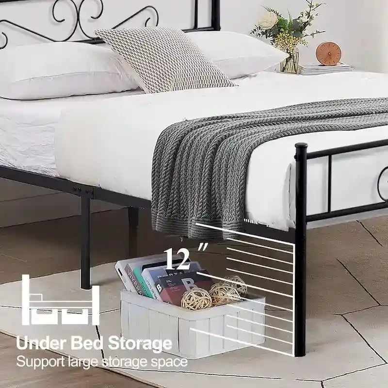 Modern Platform Bed Frame with Premium Graceful Scroll Headboard Twin/Full/Queen