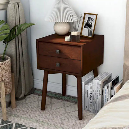 DH BASIC Mid-Century Modern Wood 2-Drawer Compact Nightstand Side Table by Denhour