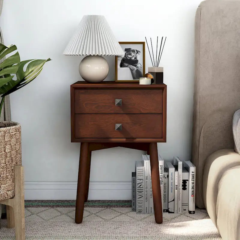 DH BASIC Mid-Century Modern Wood 2-Drawer Compact Nightstand Side Table by Denhour