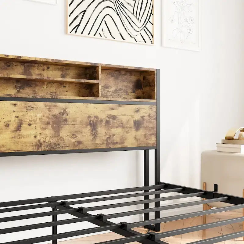 Bookcase Storage Platform Bed with Charging Station
