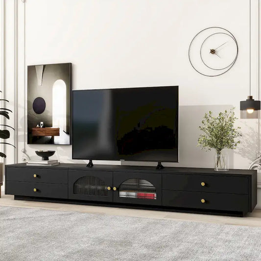 86-inch Luxurious TV Stand Media Console Fluted Glass Doors & Four Drawers - 15.70 x 86.60 x 12.80