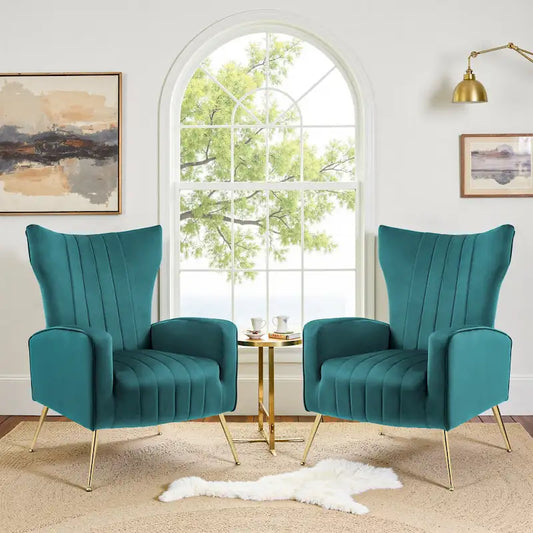 2 Set Velvet Wingback Accent Chairs with Metal Legs for Living Room