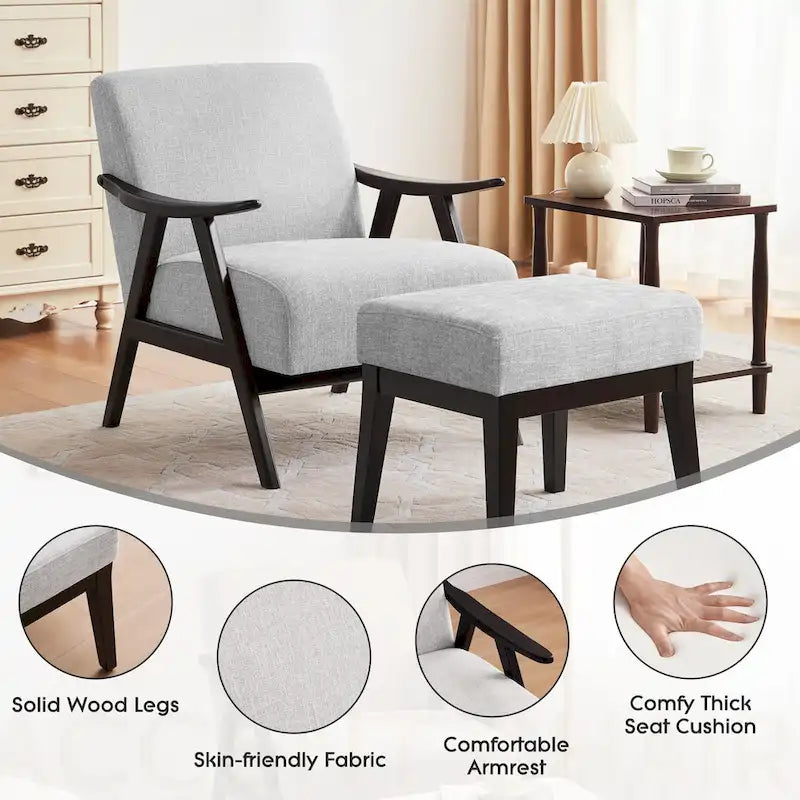 HUIMO Mid Century Modern Armchair and Ottoman Set Upholstered Accent Chair for Living Room, Bedroom