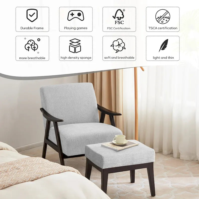 HUIMO Mid Century Modern Armchair and Ottoman Set Upholstered Accent Chair for Living Room, Bedroom