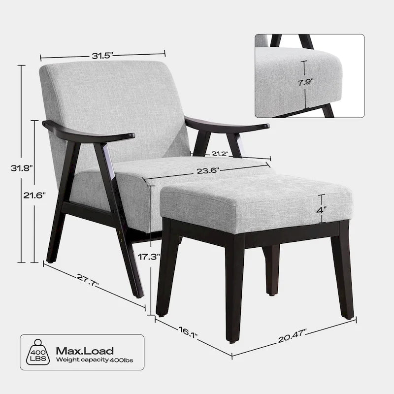 HUIMO Mid Century Modern Armchair and Ottoman Set Upholstered Accent Chair for Living Room, Bedroom