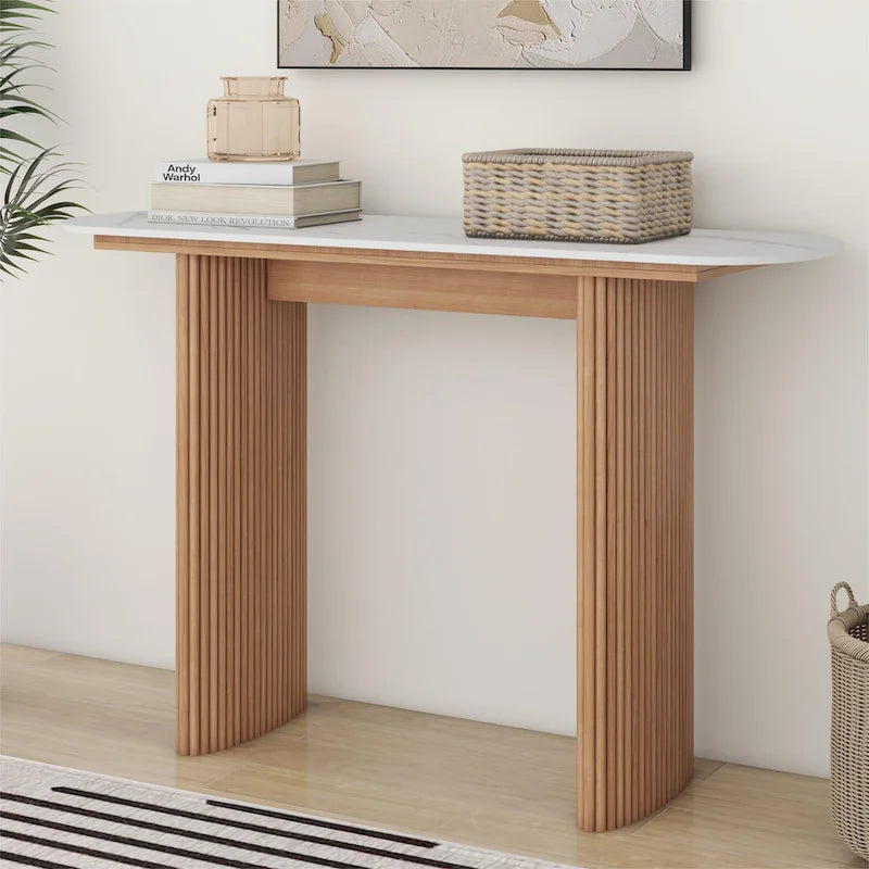 Marble Console Table Entryway Table with Fluted Base