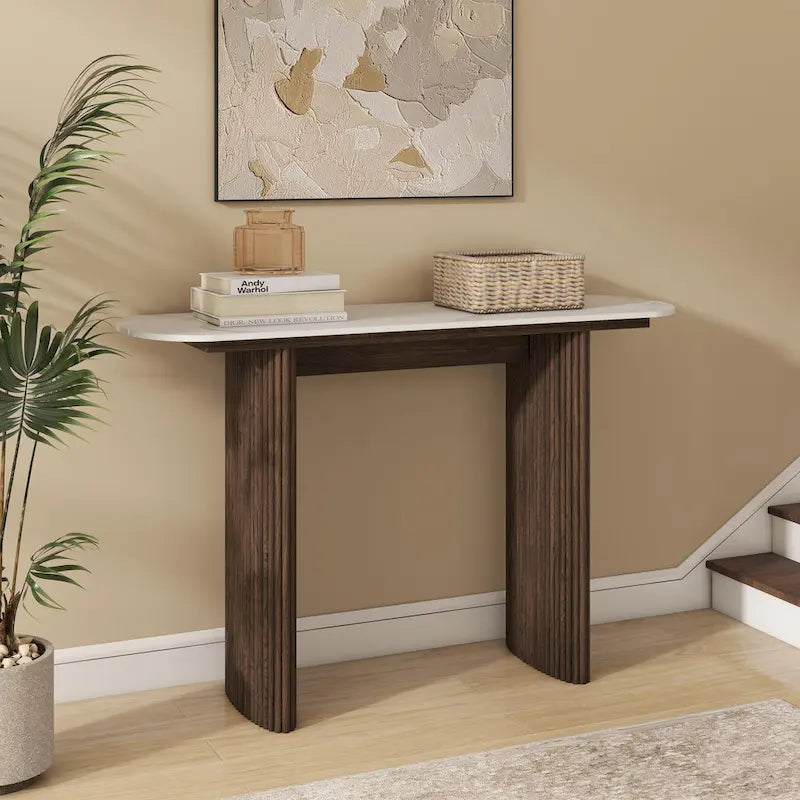 Marble Console Table Entryway Table with Fluted Base