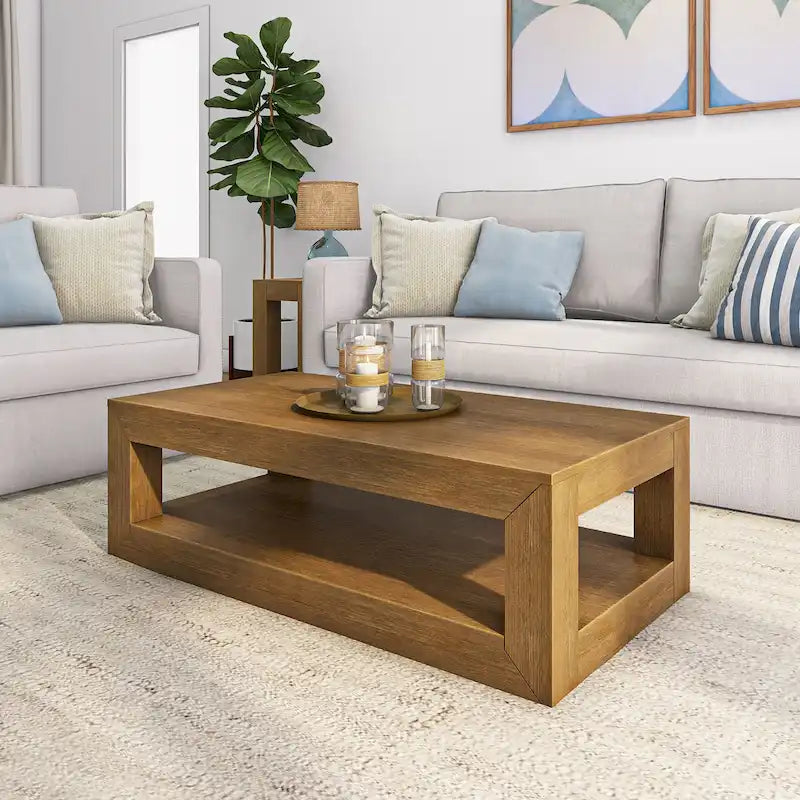 Plank and Beam Modern Rectangular Coffee Table with Shelf