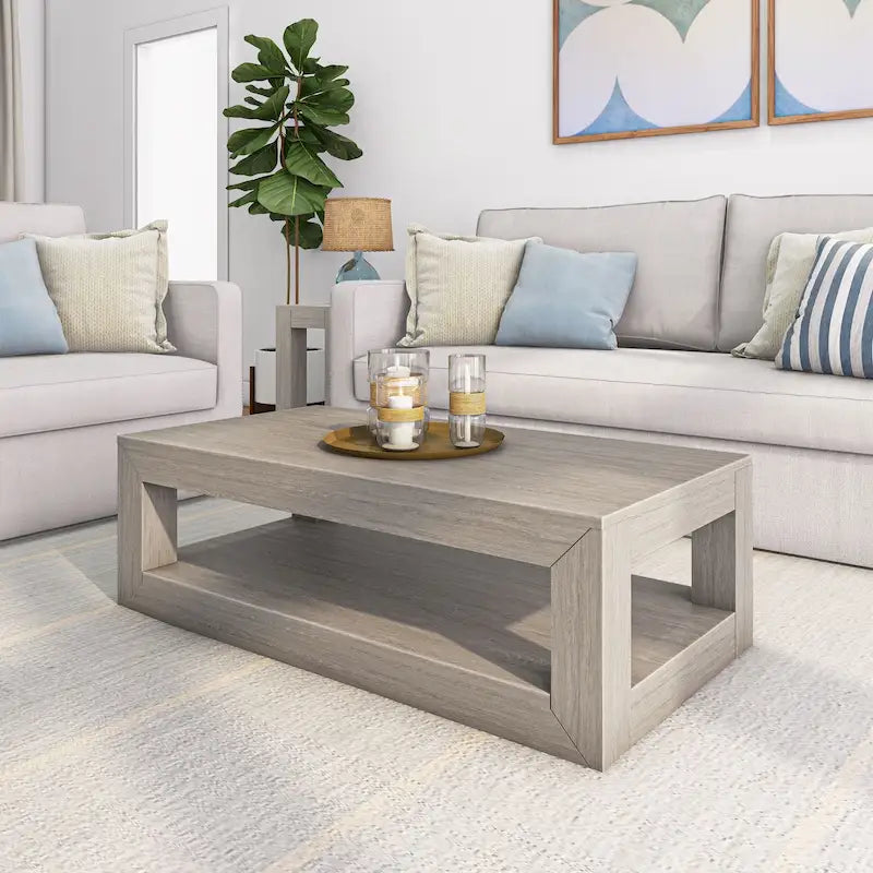 Plank and Beam Modern Rectangular Coffee Table with Shelf