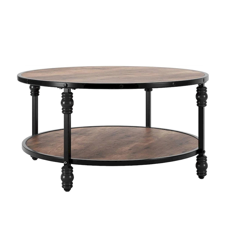 Rustic Circle Coffee Table with Storage Shelf