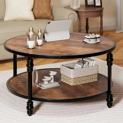 Rustic Circle Coffee Table with Storage Shelf