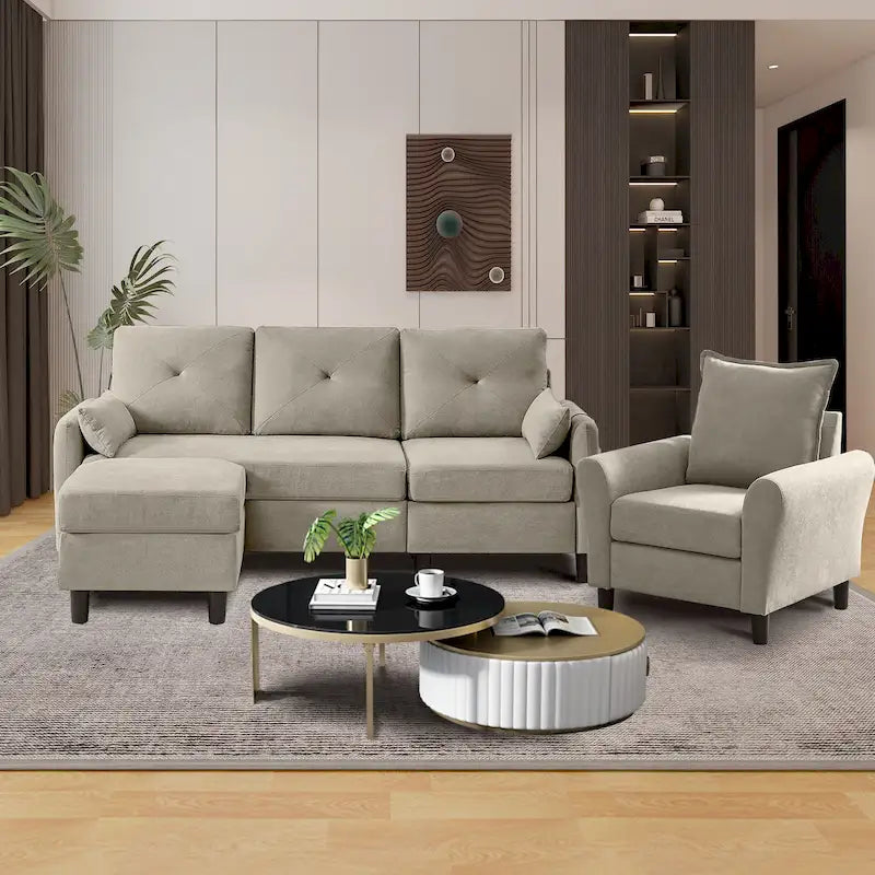 3-Pieces Sectional Sofa Set with Ottoman and Chair