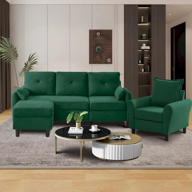 3-Pieces Sectional Sofa Set with Ottoman and Chair