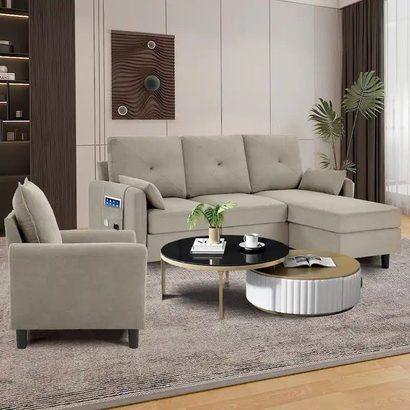 3-Pieces Sectional Sofa Set with Ottoman and Chair