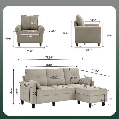 3-Pieces Sectional Sofa Set with Ottoman and Chair