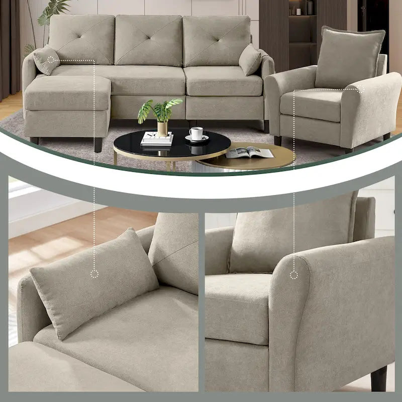 3-Pieces Sectional Sofa Set with Ottoman and Chair